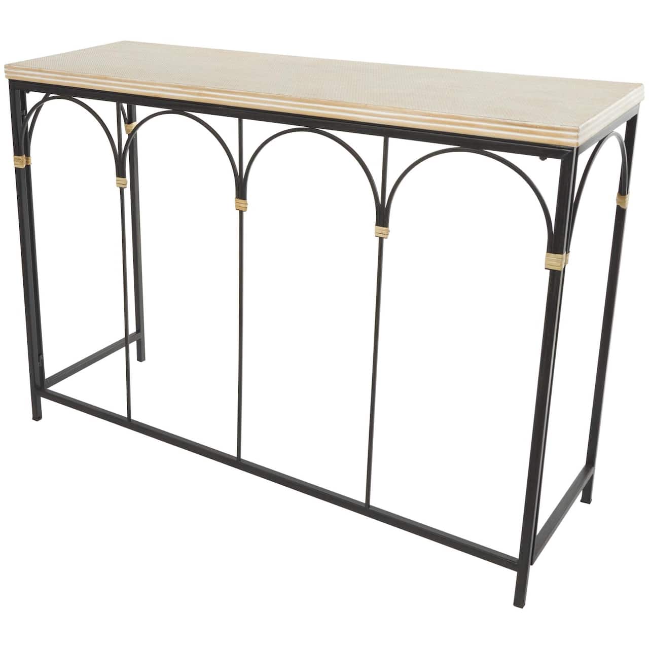 42.5" Black Arched Console Table with Zig Zag Patterned Top and Rattan Accents